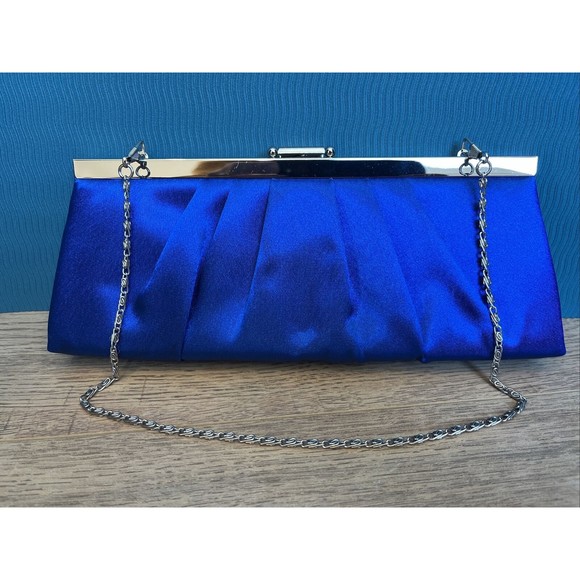 Jessica McClintock Blue Satin Clutch Optional Chain Silver Snap Close - Picture 1 of 4